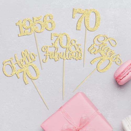 Gyufise 30Pcs 70th Birthday Cupcake Toppers 70 Fabulous Cupcake Picks Cheers to 70 1956 Cake Decorations for Happy 70th Birthday Wedding Anniversary Party Decoration Supplies Gold