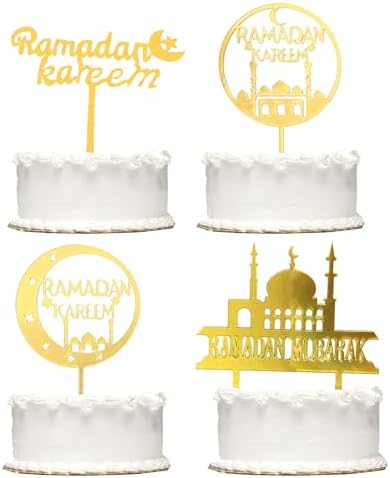 4 PCS Gold Ramadan Mubarak Cake Topper Muslim Cake Decoration Ramadan Kareem Cake Toppers for Birthday Party,Muslim Islam Party Decorations