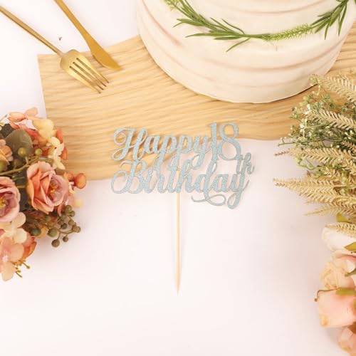 Happy 18th Birthday Cake Topper - Glitter Sky Blue 18th Birthday Cake Decorations, Eighteen Year Old Cake Smash Decor, 18th Birthday Cake Top Photo Booth Props (Sky Blue)