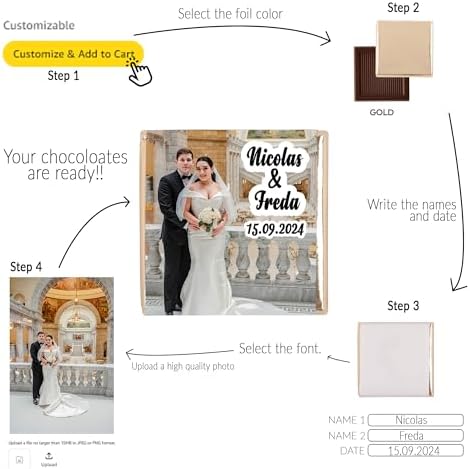 Set of 50 Personalized Wedding Chocolate – Custom Chocolate Favors for Guests – Bulk Wedding Gift with Photo, Name & Date – Elegant Party Favors for Bride & Groom