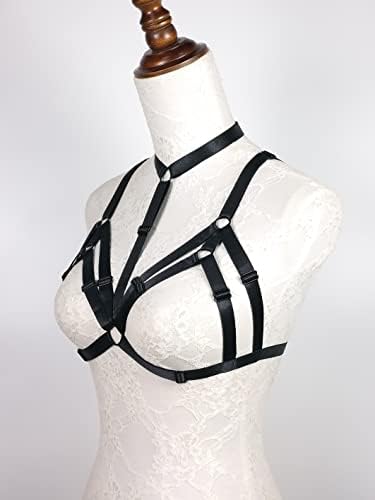 Womens Sexy Cupless Harness Halter Strappy Body Caged Bra, Black, One Size
