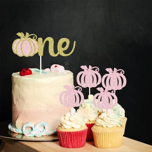 Gold Glittery Pumpkin Cake Topper and 24 Glittery Pumpkin Cupcake Toppers - Baby Shower and Birthday Decorations, Fall Theme