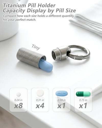 Titanium Keychain Pill Holder, Waterproof Small Pill Case for 2-3 Emergency Nitro Pills, Portable Metal Pill Organizer Container with Key Ring, Travel Pill Box for Purse (Tiny/Small/Large)