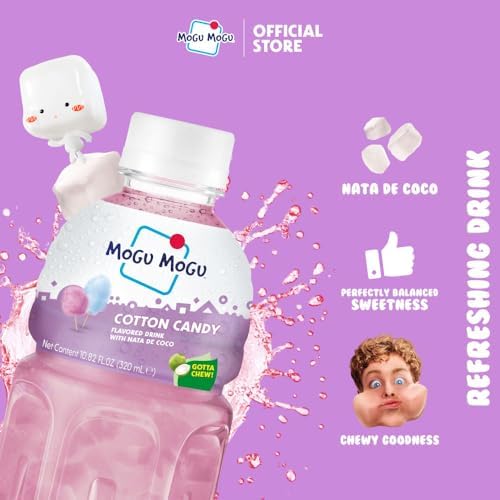 Mogu Mogu Drink Cotton Candy (6 Bottles) Delicious drinks made with nata de coco (coconut jelly). Fun chewable juice boxes for kids. Famous Asian drinks. Juice bottles made for adults and kids. Ready to drink