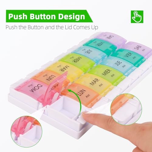 Spanish Pill Organizer 7 Weekly Two Times per Day AM PM with Spring Open Design, Medication Organizer Spanish, Vitamin Planner, Organizador de Pastillas en Español, Spanish Pill Box