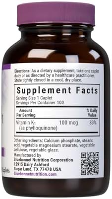 Bluebonnet Vitamin K1 100 mcg Supports Bone Health - Phylloquinone Crystalline Vitamin K Supplement - Non-GMO, Kosher Certified, Gluten-Free, Dairy-Free - 100 Vegan Caplets