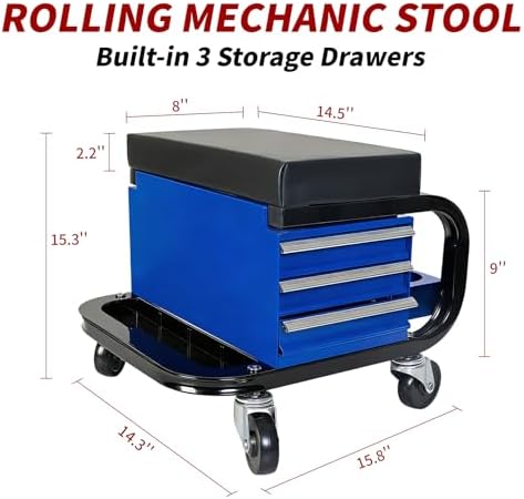 Rolling Mechanic Stool with Wheels, Creeper Seat with 3 Built-in Tool Drawers, Side Tool Tray & Rear Bottle Tray for Shop & Work, Garage Use (14" L × 15" W × 15" H)
