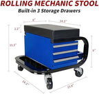Rolling Mechanic Stool with Wheels, Creeper Seat with 3 Built-in Tool Drawers, Side Tool Tray & Rear Bottle Tray for Shop & Work, Garage Use (14" L × 15" W × 15" H)