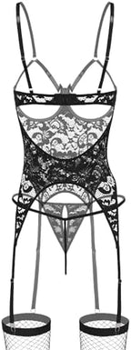 Avidlove Lingerie Sets for Women Underwire Lingerie Sexy Lace Cutout Bodysuit Garter Teddy with Fishnet Stockings