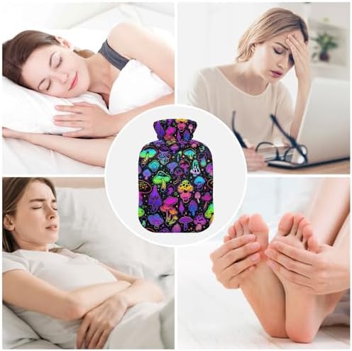 Neon Color Hippie Mushroom Hot Water Bottle with Cover, 2Liter Soft Velvet Winter Warm Water Bag for Neck and Shoulder Pain Relief Period Cramps Bed Hand Feet Warmer