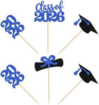 36 PCS 2026 Graduation Theme Cupcake Toppers Glitter Class of 2026 Grad Cap Diploma Cupcake Picks 2026 Graduation Theme Party Cake Decorations Supplies Deep Blue