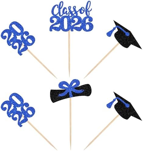 36 PCS 2026 Graduation Theme Cupcake Toppers Glitter Class of 2026 Grad Cap Diploma Cupcake Picks 2026 Graduation Theme Party Cake Decorations Supplies Deep Blue