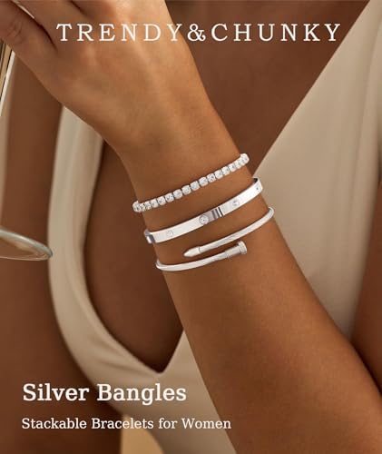 ZOERAY Silver Gold Bangle Bracelets for Women Non Tarnish 14k Gold Plated Stackable Cuff Bracelets for Women Trendy Cubic Zirconia Stainless Steel Chunky Bracelet Stack Set Waterproof Jewelry Gifts