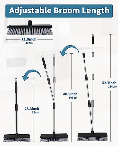 LandHope Hard Bristle Deck Broom Adjustable Long Handle Scrub Brush Heavy Duty Concrete Push Broom Outdoor Brush Garage Broom Wood Large Floor Scrubber 28-52 inch Balcony -Multi Segment Handle