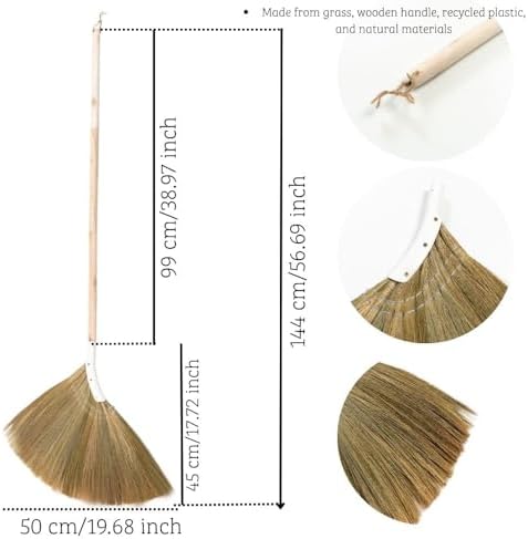 Natural Broom - Indoor Grass Broom - Long Handle Broomstick for House, Garage, Office, Lobby Room, Kitchen