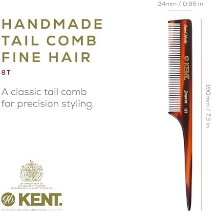Kent 8T Rat Tail Combs Teasing Comb for Hair Styling and Sectioning, Handmade Fine Tooth Comb Parting Combs for Braiding Hair and Styling for Women, Saw Cut and Hand Polished, Made in England