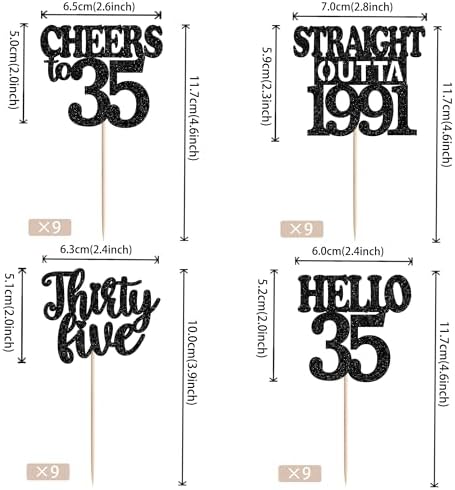 36Pcs Happy 35th Birthday Cupcake Toppers Black Thirty Five Straight Outta 1991 Cupcake Picks Hello 35 Cheers to 35 Years Birthday Cake Decorations for 35th Birthday Anniversary Party Decor Supplies