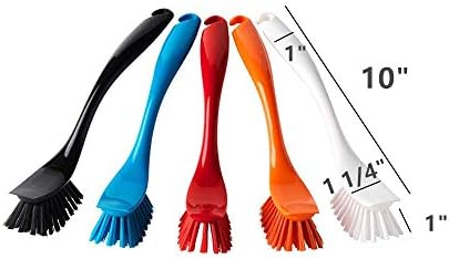 Dishwashing Brush with Hangable Long Handle, Built-in Scraper, Scrub Brush for Dish, Pans, Pots, Kitchen Sink Cleaning - 10 Inch, 4 Pack (White)