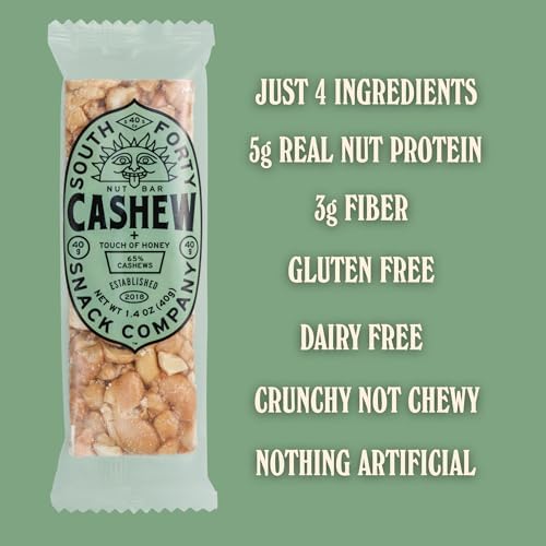 South 40 Snacks Crunchy Cashew Bar, Just 4 Ingredients, Touch of Honey (40g Bar, Pack of 12)