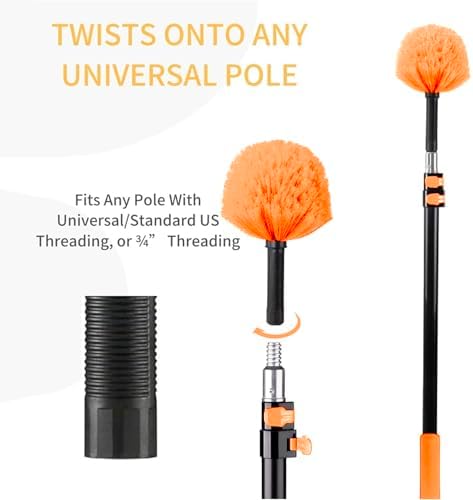 Cobweb Duster Brush Head, Spider Web Cleaning Tool, Indoor & Outdoor Use, Fits 3/4 Inch Acme Threaded Poles (Orange)