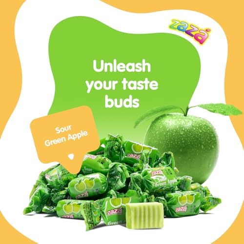 Sour Green Apple Chewy Candy Bulk Pack for Sweet Indulgence - Zaza Individually Wrapped Fruit Chews Candy Great for Office Desk Bowl, Reception, Buffet and Kids, Gluten Free, Kosher - 2.2LB