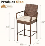 ECOTOUGE Patio Wicker Barstools Set of 2, Outdoor Rattan Bar Height Chairs with Armrest & Backrest, Soft Cushion, Footrests, All-Weather Furniture for Backyard, Pool, Garden, Deck, Brown