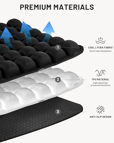 Inflatable Seat Cushion for Office, Travel, Car & Wheelchair - Inflating Air Cushion Seat, Portable Comfort Seat Cushions for Airplane, Stadium, Chair - Ergonomic Support for Long Sitting (Black)
