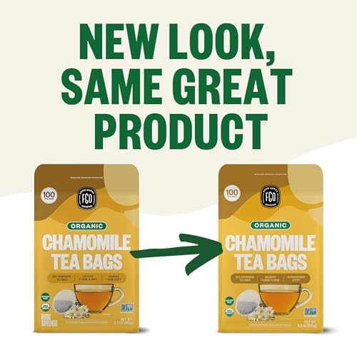 FGO Organic Chamomile Tea, 100 Eco-Conscious Tea Bags, Caffeine Free, Resealable Bag, Packaging May Vary (Pack of 1)