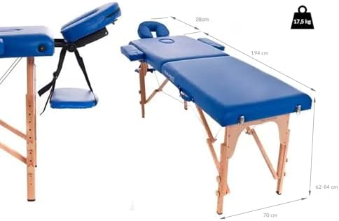 Folding Easy Wooden Massage Table, Blue, 194 x 70 cm, Physiotherapy Massage, Leatherette, Articulated Head, Adjustable Height, 2 Bodies, Up to 150 kg