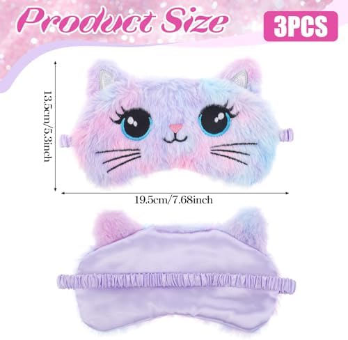 Kids Sleep Mask, 3 Pcs Cute Cat Sleeping Eye Mask Colorful Soft Plush Eye Covers for Sleeping Comfortable Funny Animal Night EyeMasks for Women Girls Home Travel
