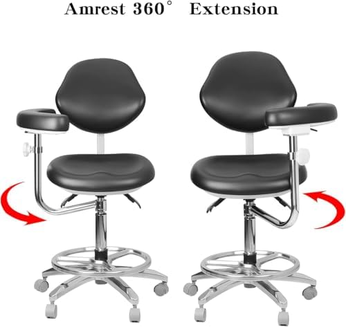 BONEW-Oral Dental Chair Assistant Nurse's Stool with Seat Armrest Height Adjustable PU Leather Black