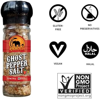 Ghost Pepper Salt Seasoning by African Dream Foods | Spicy Chili Salt with only Natural Hot Ghost Peppers & Sea Salt | Ideal for Meat, Chicken, Seafood | Reusable Grinder, 3.5 oz | 2-Pack