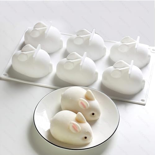 AUOCATTAIL 6 Cavity Easter Rabbit 3D Silicone Molds Rabbit Shape Silicone Baking Mold DIY Mousse Cake Pudding Jelly Dessert Fondant Cheesecake Soap Ice Tray Chocolate Candy Molds