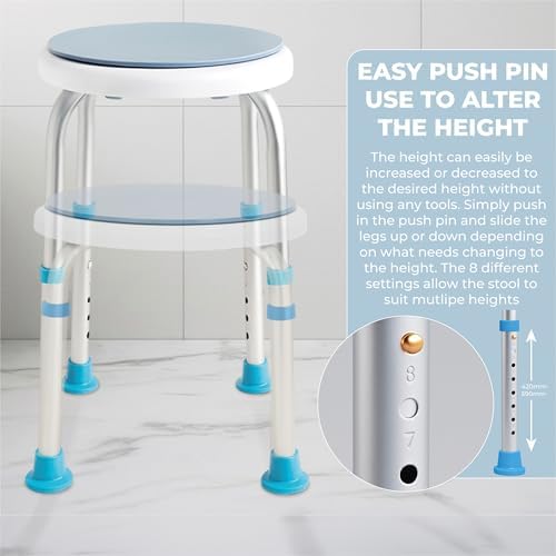 Aidapt Bath Stool with Rotating Seat.Non-Slip Ferrules,8 Numbered Height Settings,Shower Chair,Elderly,Disabled,Pregnancy,Post Surgery,Rust Free Aluminium,Lightweight,Easy Assembly No Tools Required