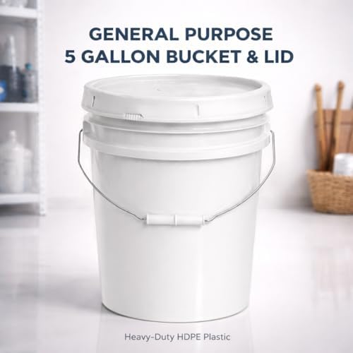 5-Gallon Bucket with Airtight Lid – Made in USA, Food Grade BPA Free Plastic, Heavy Duty Multi-Use, Metal Handle with Grip, Stackable Storage – White, 1 Pack