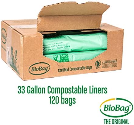 BioBag (USA) The Original Compostable Bag, 33 Gallon, 120 Count, 100% Certified Compostable Trash Bag Liners for Food Waste, Extra Strong and Durable, Trash Bag