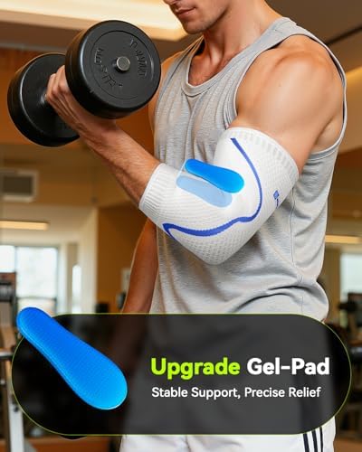 Elbow Brace Support with Gel Pads Breathable Elbow Compression Sleeve for Men & Women 4D Knit Elbow Sleeve for Golfer's, Tennis Elbow, Tendonitis, Reduce Joint Pain During Any Activity(White, Medium)