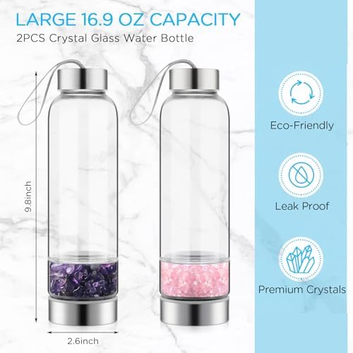 meekoo 2 Pieces Crystal Glass Water Bottle with Gemstone Center Natural Amethyst and Rose Quartz Clear Water Bottle Quartz Crystal Cup Energy Cup for Healing and Wellness