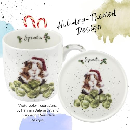 Royal Worcester Wrendale Designs Christmas Sprouts 11 Oz Mug & Coaster Set, Fine Bone China Coffee Mug with Guinea Pig in Santa Hat, Dishwasher & Microwave Safe - Festive Gift for Animal Lovers
