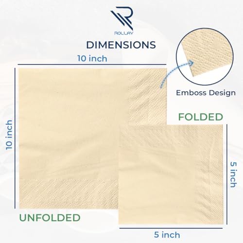Rollay 300 Bamboo Cocktail Napkins - FSC Certified 2-Ply Compostable Napkins Disposable for Home or Commercial Use - 5x5 inch folded Biodegradable Paper Napkins for Dinner and Party