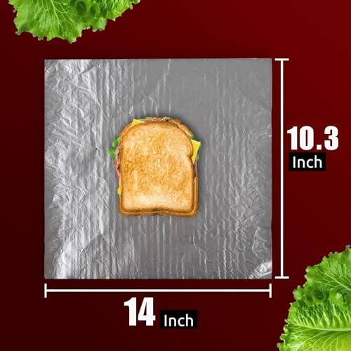 50 Packs Heavy Duty Insulated Aluminum Foil Sheets – 14" x 10.3" Disposable Food Wraps for Sandwiches, Burritos, BBQ, Burgers, Hot & Cold Food