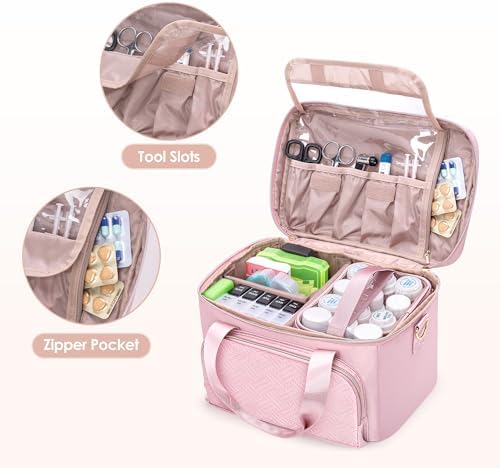 Medicine Storage Bag with 2 Medical Bags, Pill Bottle Organizer Bag Empty First Aid Bag for Travel, Home Healthcare, Pink(Empty Bag Only)