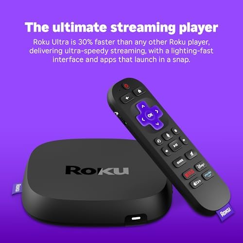 Roku Ultra - Ultimate Streaming Player - 4K Streaming Device for TV with HDR10+, Dolby Vision & Atmos - Bluetooth & Wi-Fi 6 - Rechargeable Voice Remote Pro with Backlit Buttons - Free & Live TV