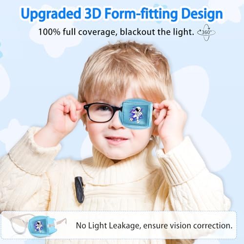 Eye Patches for Kids Glasses, Reusable Silk Eye Patch for Lazy Eye, Ambliopia Orthoptic Patches for Boys and Girls, Left Right Eye Cover for Toddler Children(Blue Astronaut, Left)
