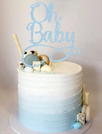 Oh Baby Cake Topper - Light Blue Glitter Baby Birthday Party Cake Decoration Supplies, for Baby Shower/Gender Reveal Party Photo Booth Props