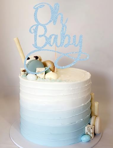 Oh Baby Cake Topper - Light Blue Glitter Baby Birthday Party Cake Decoration Supplies, for Baby Shower/Gender Reveal Party Photo Booth Props