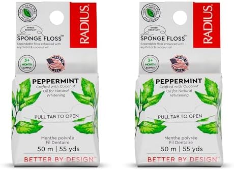 Radius Peppermint Dental Floss 55 Yards Vegan and Non-Toxic Oral Care Boost Total Tooth & Gum Protection Clear - Pack of 2