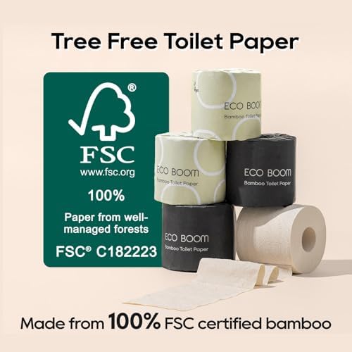 ECO BOOM Unbleached Bamboo Toilet Paper, 100% Tree-Free & Plastic-Free, 3-Ply Strong, FSC Certified, Unscented, 9 Rolls, 360 Sheets | PFAS Free, BPA Free & Septic Safe