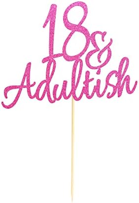 18 & Adult-ish Cake Topper, 18 and Adultish Cake Pick, Time to Adult/Eighteen Birthday Cake Decor, Happy 18th Birthday Party Decoration Supplies - Pink Glitter