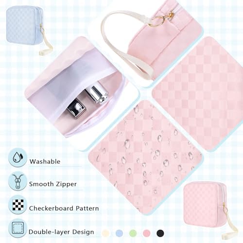 Likesing Tampon Holder for Purse, Upgraded 5.3" Checkered Period Bag, Sanitary Napkin Storage Bag with Wrist Strap for Girls Women, Thickened Portable Period Pad Pouch(Black)